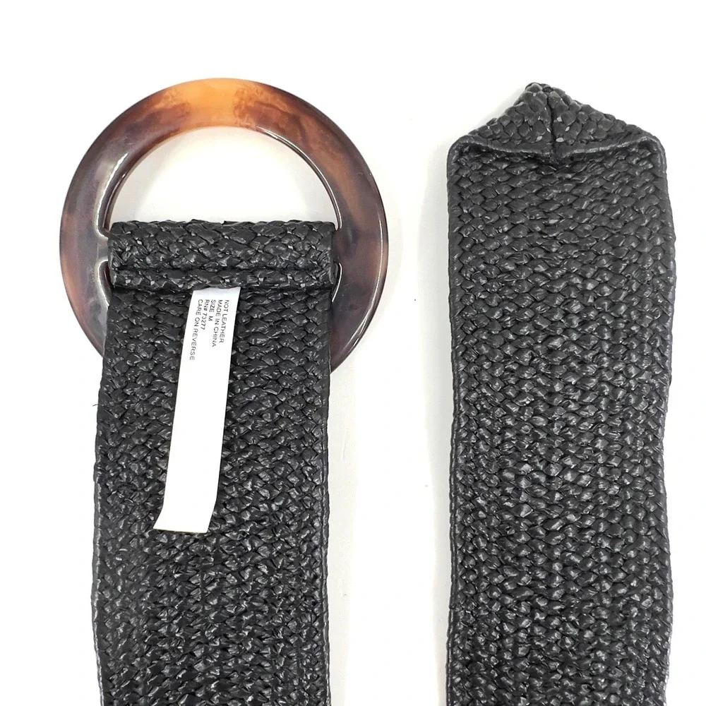 Womens M Wide Belt Black Woven Straw Raffia Boho Stretch Coastal Grandmother